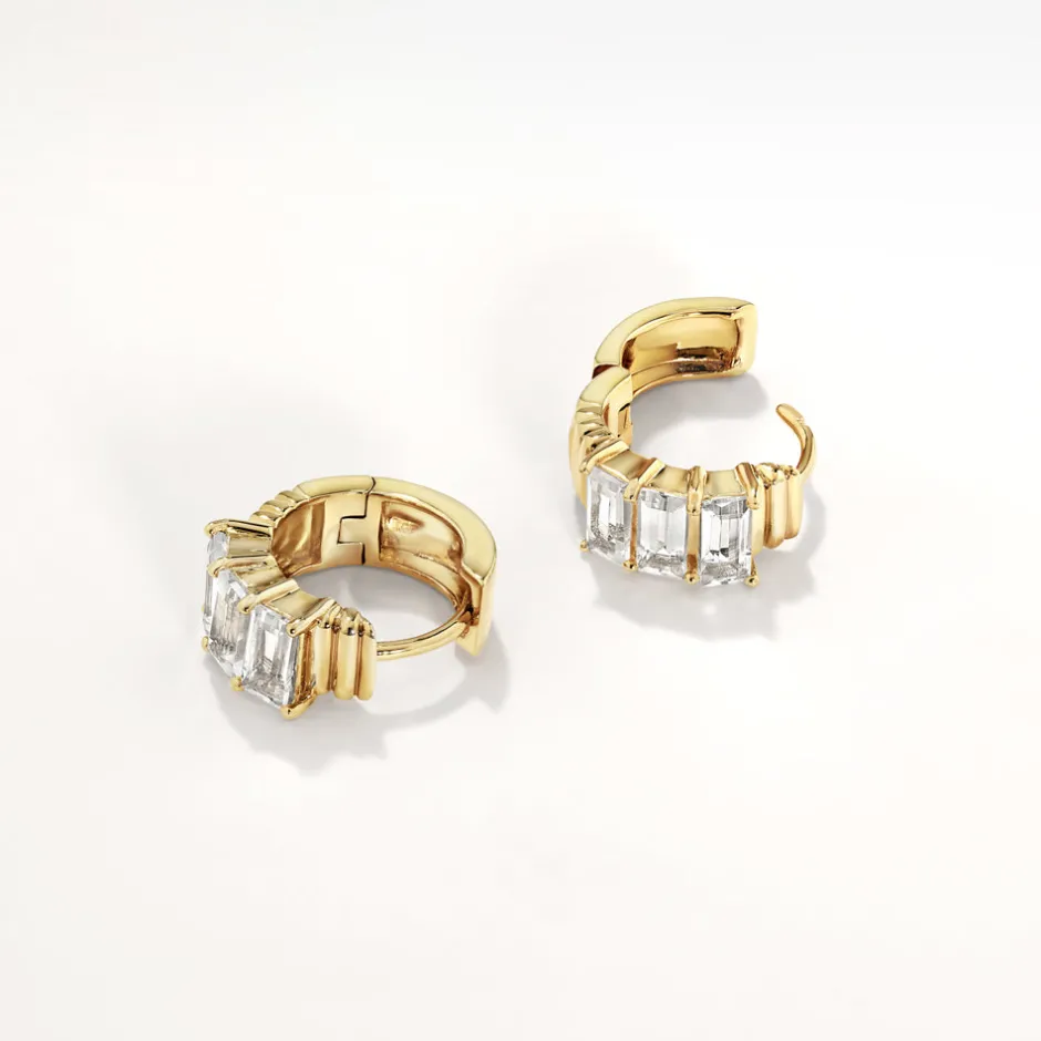 Online White Topaz Baguette Textured Huggie Earrings in Gold Natural Gemstones | 18k Fine Gold Plated