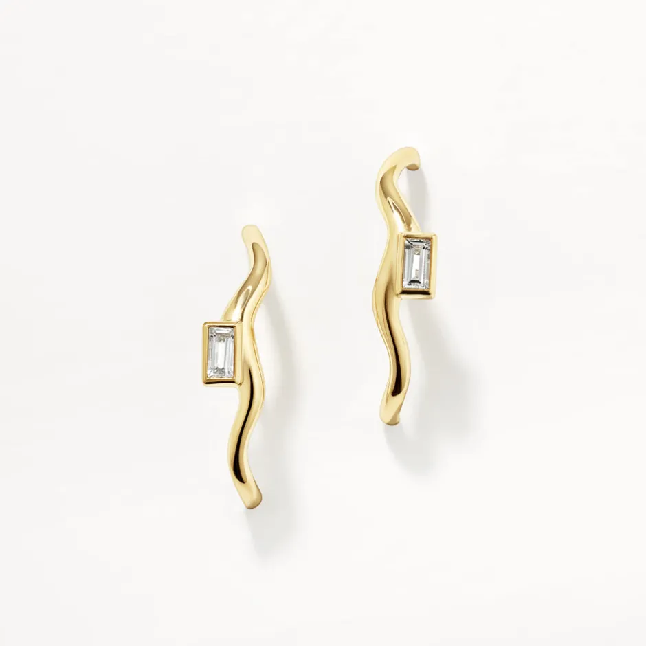 Hot White Topaz Baguette Wave Suspender Bar Earrings in Gold Natural Gemstones | 18k Fine Gold Plated