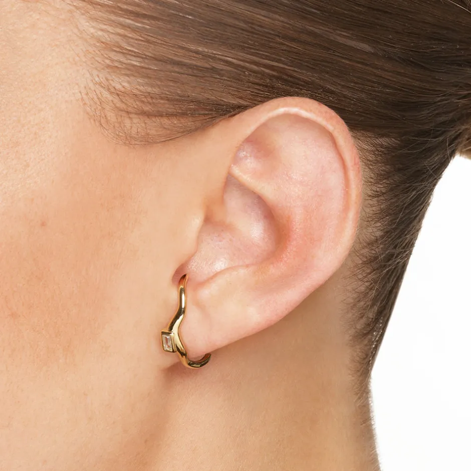 Hot White Topaz Baguette Wave Suspender Bar Earrings in Gold Natural Gemstones | 18k Fine Gold Plated
