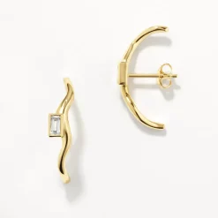 Hot White Topaz Baguette Wave Suspender Bar Earrings in Gold Natural Gemstones | 18k Fine Gold Plated