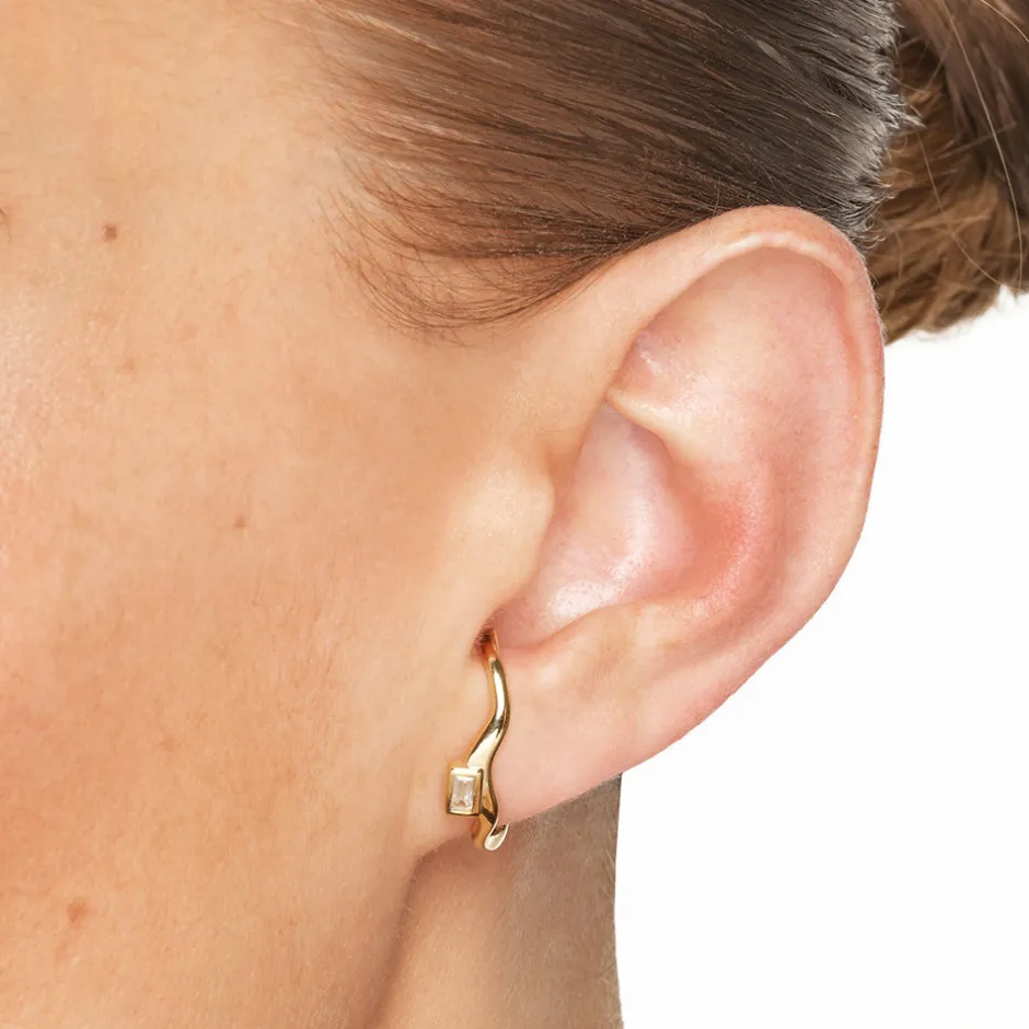 Hot White Topaz Baguette Wave Suspender Bar Earrings in Gold Natural Gemstones | 18k Fine Gold Plated
