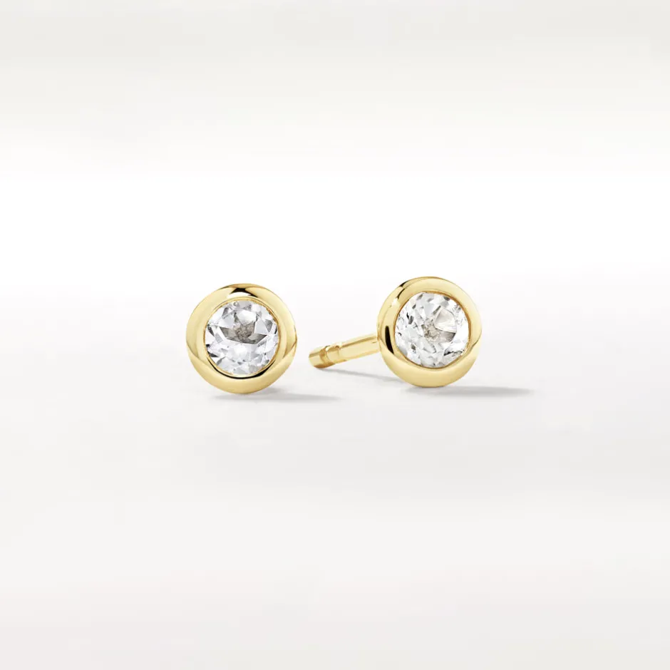 New White Topaz Bezel Stud Earrings in 10k Gold Natural Gemstones | Earrings