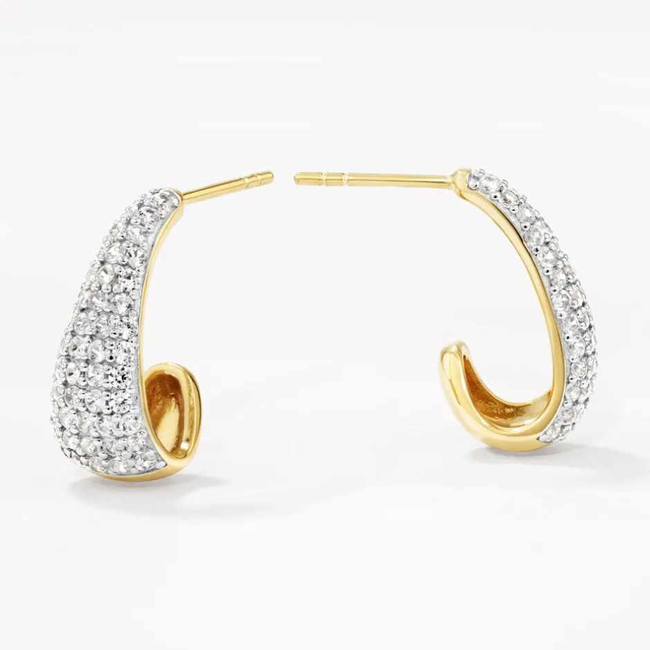 Hot White Topaz Dome Hoop Stud Earrings in Gold Natural Gemstones | 18k Fine Gold Plated
