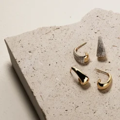 Hot White Topaz Dome Hoop Stud Earrings in Gold Natural Gemstones | 18k Fine Gold Plated