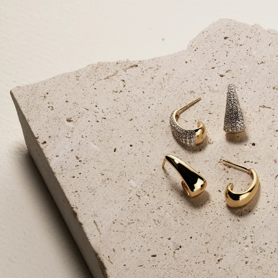 Hot White Topaz Dome Hoop Stud Earrings in Gold Natural Gemstones | 18k Fine Gold Plated