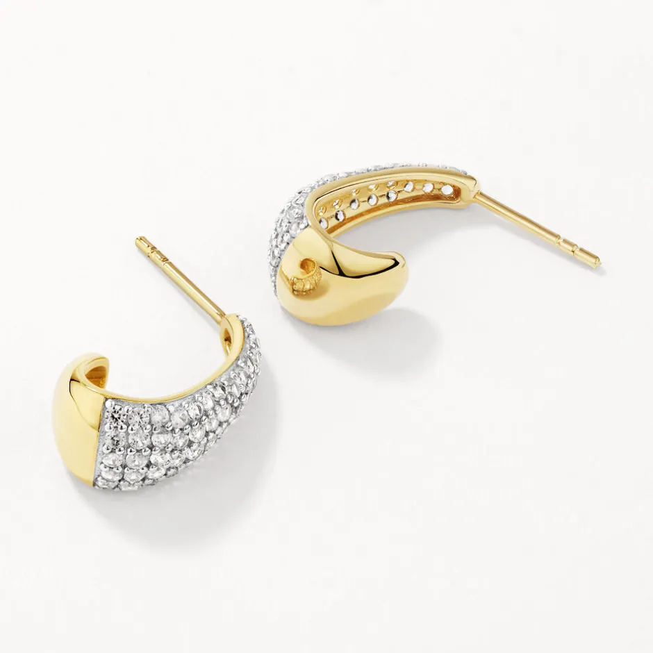 Hot White Topaz Dome Hoop Stud Earrings in Gold Natural Gemstones | 18k Fine Gold Plated