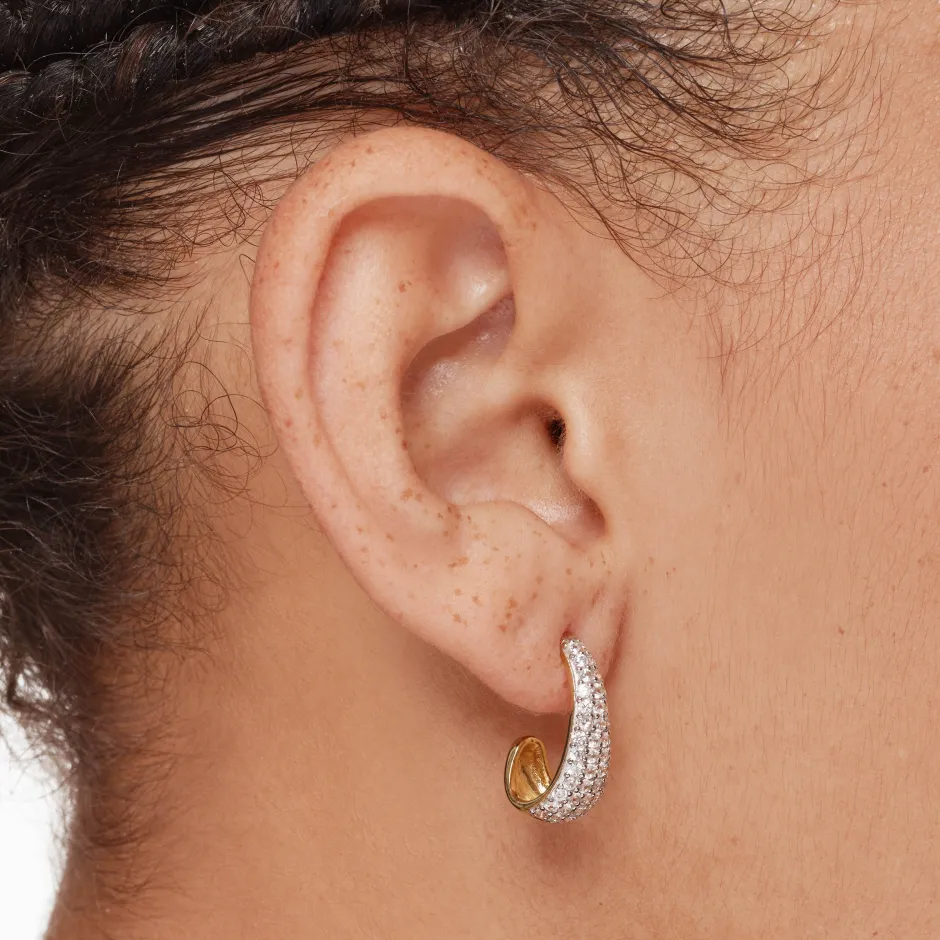 Hot White Topaz Dome Hoop Stud Earrings in Gold Natural Gemstones | 18k Fine Gold Plated