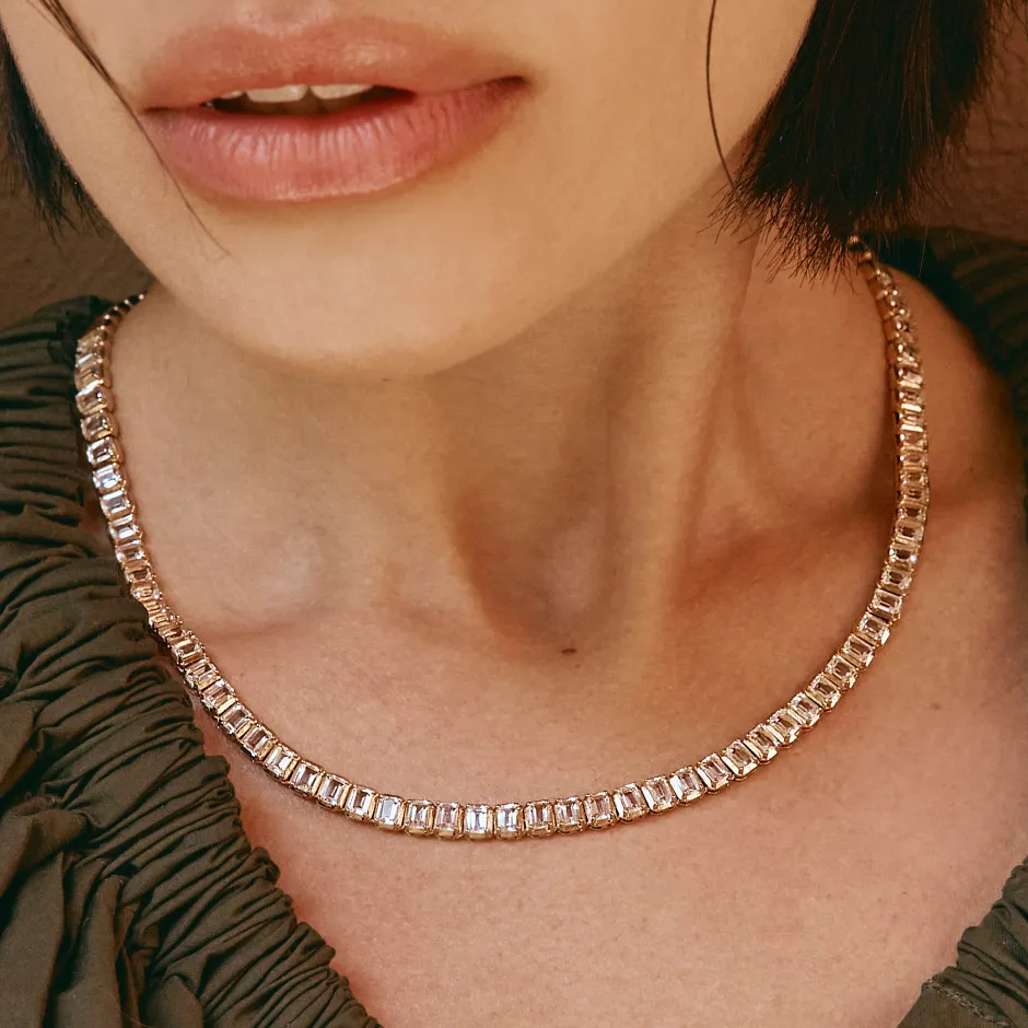 Discount White Topaz Emerald Cut Tennis Necklace in Gold Natural Gemstones | 18k Fine Gold Plated