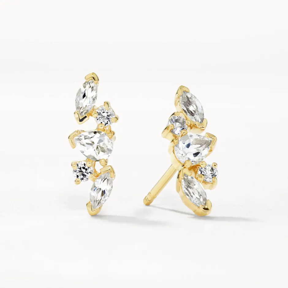Outlet White Topaz Fancy Cut Stud Earrings in Gold Natural Gemstones | 18k Fine Gold Plated