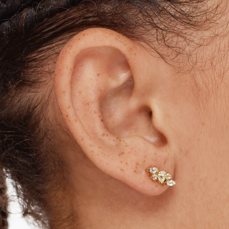 Outlet White Topaz Fancy Cut Stud Earrings in Gold Natural Gemstones | 18k Fine Gold Plated
