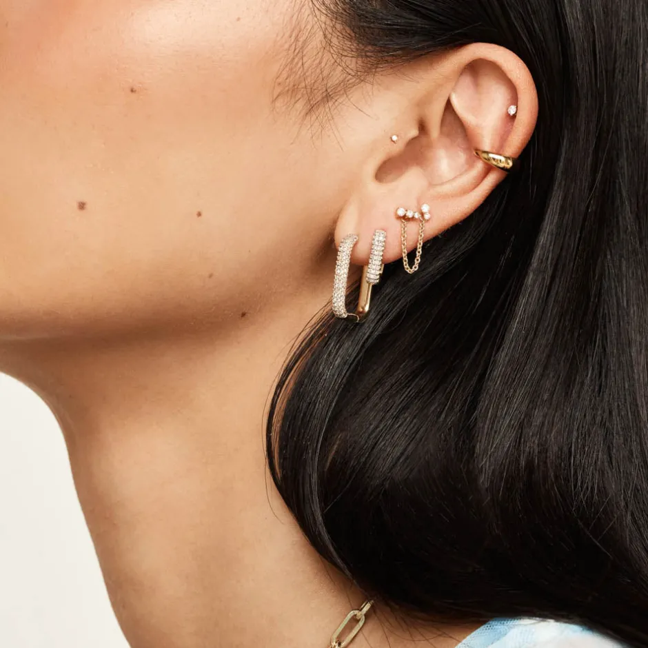 Sale White Topaz Mini Pave Paperclip Earrings in Gold Natural Gemstones | 18k Fine Gold Plated