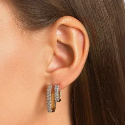 Sale White Topaz Mini Pave Paperclip Earrings in Gold Natural Gemstones | 18k Fine Gold Plated