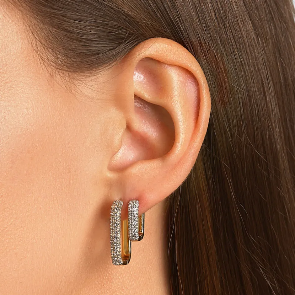 Sale White Topaz Mini Pave Paperclip Earrings in Gold Natural Gemstones | 18k Fine Gold Plated