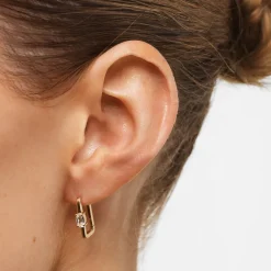 Clearance White Topaz Paperclip Hoop Earrings in Gold Natural Gemstones | 18k Fine Gold Plated