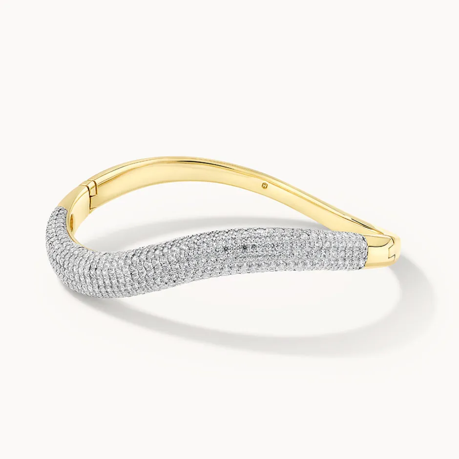 Hot White Topaz Pave Wave Dome Bangle in Gold Natural Gemstones | 18k Fine Gold Plated