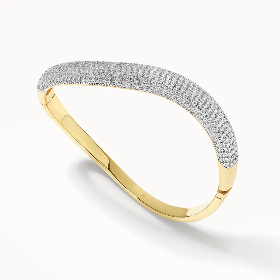 Hot White Topaz Pave Wave Dome Bangle in Gold Natural Gemstones | 18k Fine Gold Plated