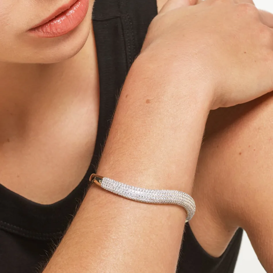 Hot White Topaz Pave Wave Dome Bangle in Gold Natural Gemstones | 18k Fine Gold Plated