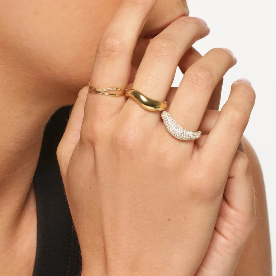 Online White Topaz Pave Wave Dome Ring in Gold Natural Gemstones | 18k Fine Gold Plated