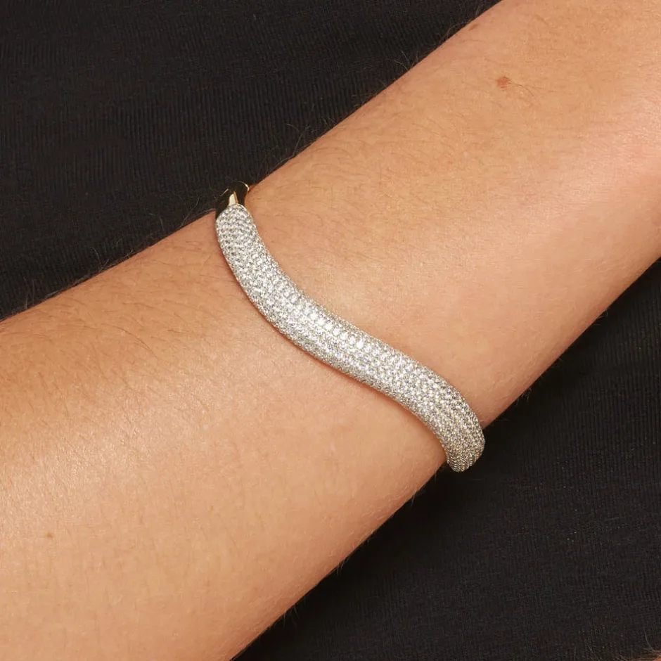 Hot White Topaz Pave Wave Dome Bangle in Gold Natural Gemstones | 18k Fine Gold Plated