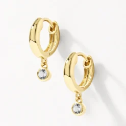 Discount White Topaz Round Drop Charm Huggies in Gold Natural Gemstones | 18k Fine Gold Plated
