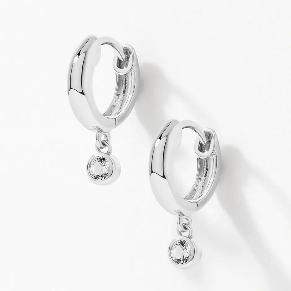 Best White Topaz Round Drop Charm Huggies in Silver Natural Gemstones | 925 Sterling Silver
