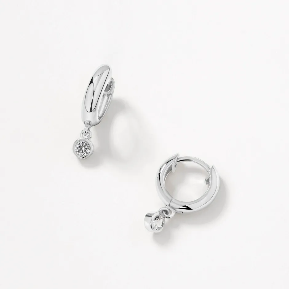 Best White Topaz Round Drop Charm Huggies in Silver Natural Gemstones | 925 Sterling Silver