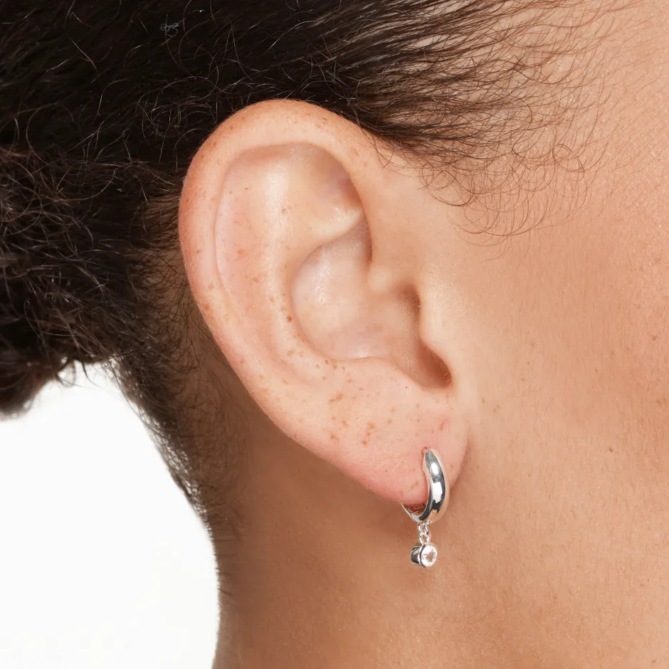 Best White Topaz Round Drop Charm Huggies in Silver Natural Gemstones | 925 Sterling Silver