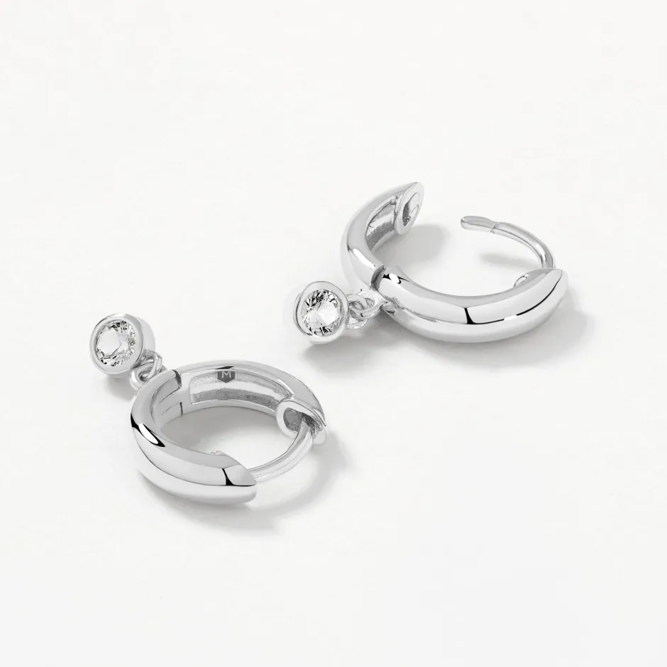 Best White Topaz Round Drop Charm Huggies in Silver Natural Gemstones | 925 Sterling Silver