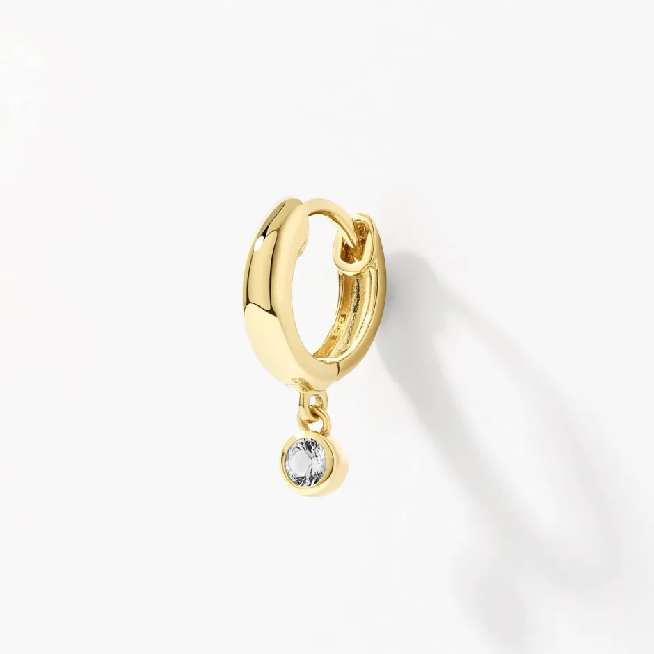 Discount White Topaz Round Drop Charm Huggies in Gold Natural Gemstones | 18k Fine Gold Plated