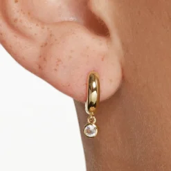 Discount White Topaz Round Drop Charm Huggies in Gold Natural Gemstones | 18k Fine Gold Plated