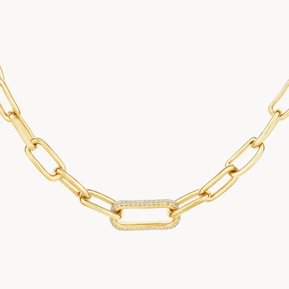 Online White Zircon Pave Link Paperclip Chain in Gold Natural Gemstones | 18k Fine Gold Plated