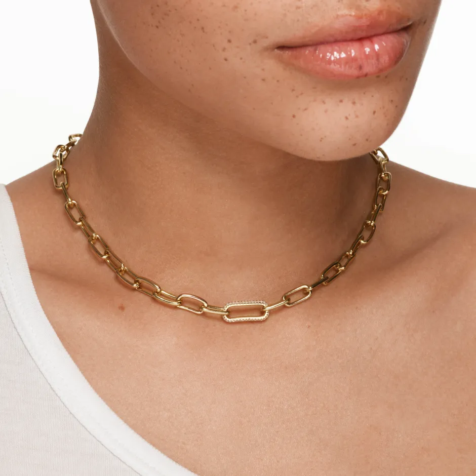 Online White Zircon Pave Link Paperclip Chain in Gold Natural Gemstones | 18k Fine Gold Plated