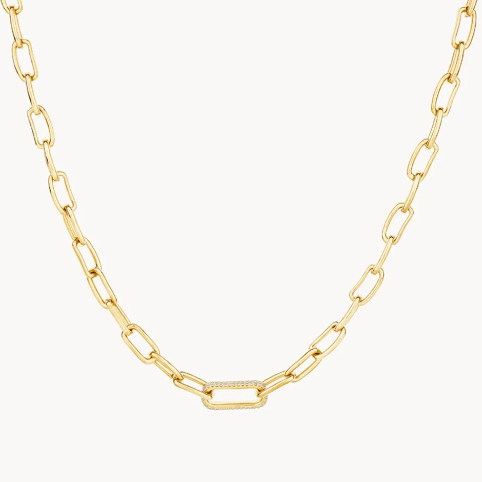 Online White Zircon Pave Link Paperclip Chain in Gold Natural Gemstones | 18k Fine Gold Plated