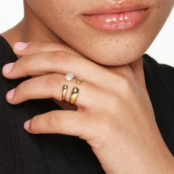 Outlet White Zircon Pave Open Puff Dome Ring in Gold Natural Gemstones | 18k Fine Gold Plated