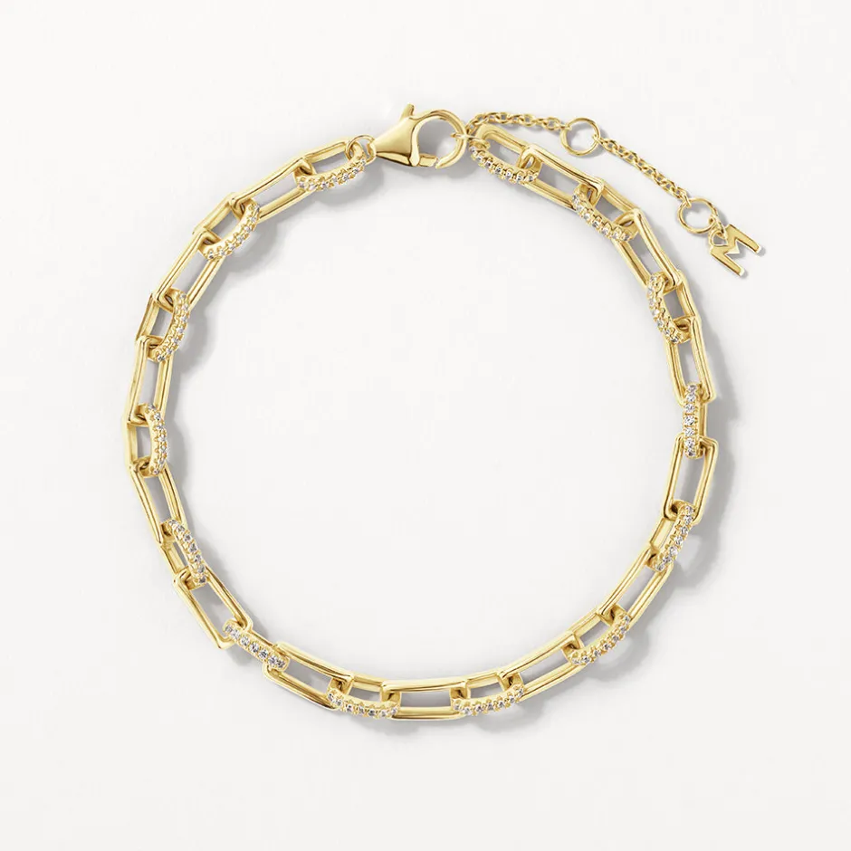 Sale White Zircon Pave Paperclip Chain Bracelet in Gold Natural Gemstones | 18k Fine Gold Plated