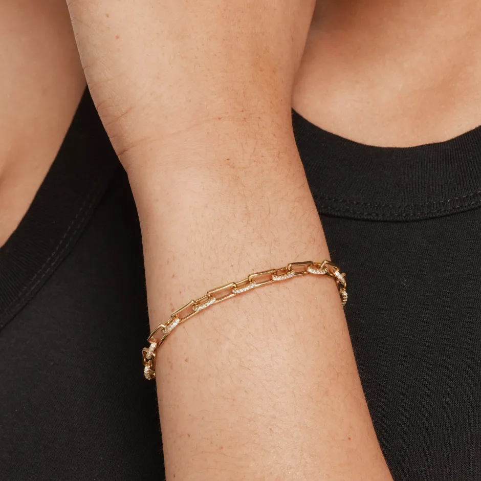 Sale White Zircon Pave Paperclip Chain Bracelet in Gold Natural Gemstones | 18k Fine Gold Plated