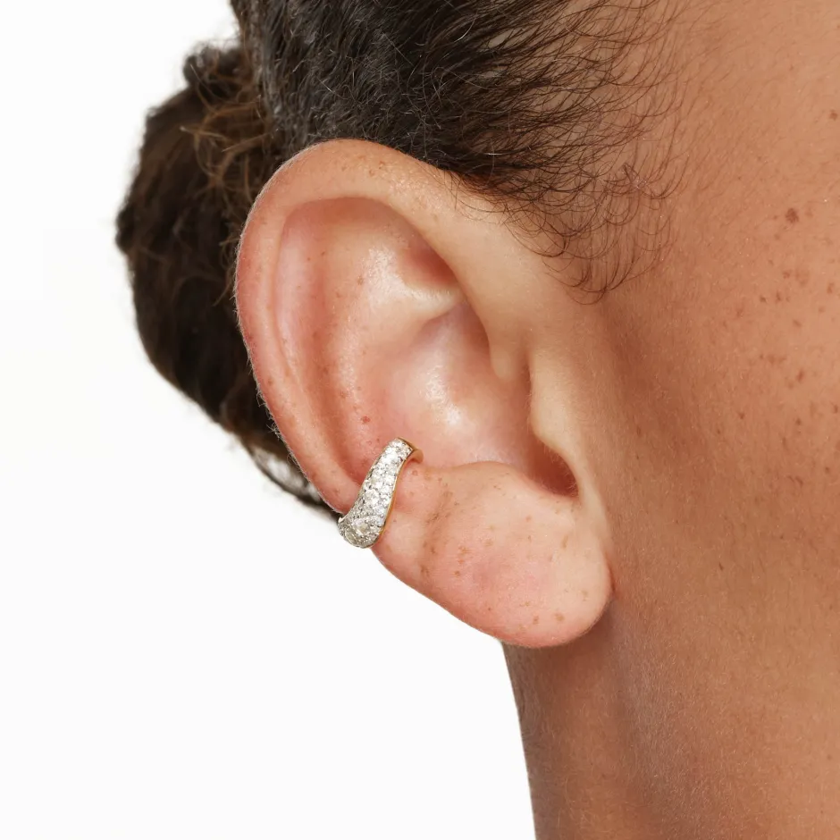 Sale White Zircon Pave Wave Ear Cuff in Gold Natural Gemstones | 18k Fine Gold Plated